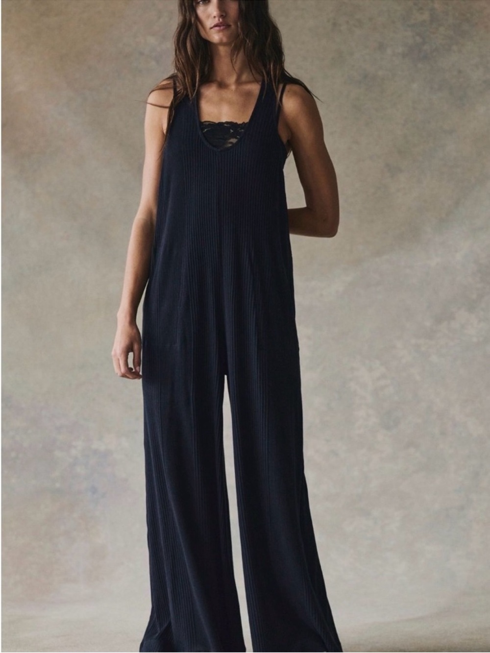 Free People Black Ribbed Zena Wide-Leg Jumpsuit—BRAND NWT - Picture 2 of 6